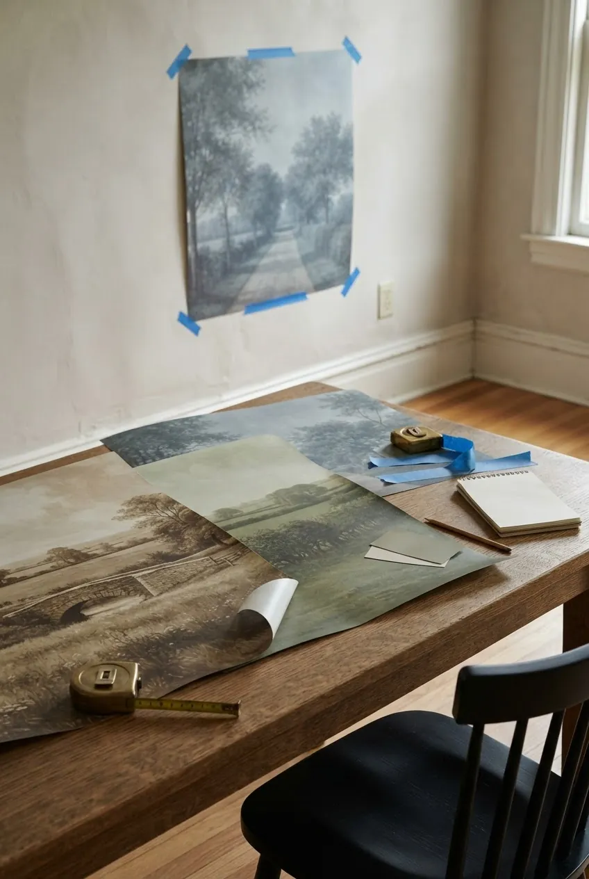 Vintage mural wallpaper samples used to check scale, finish, and palette before installation