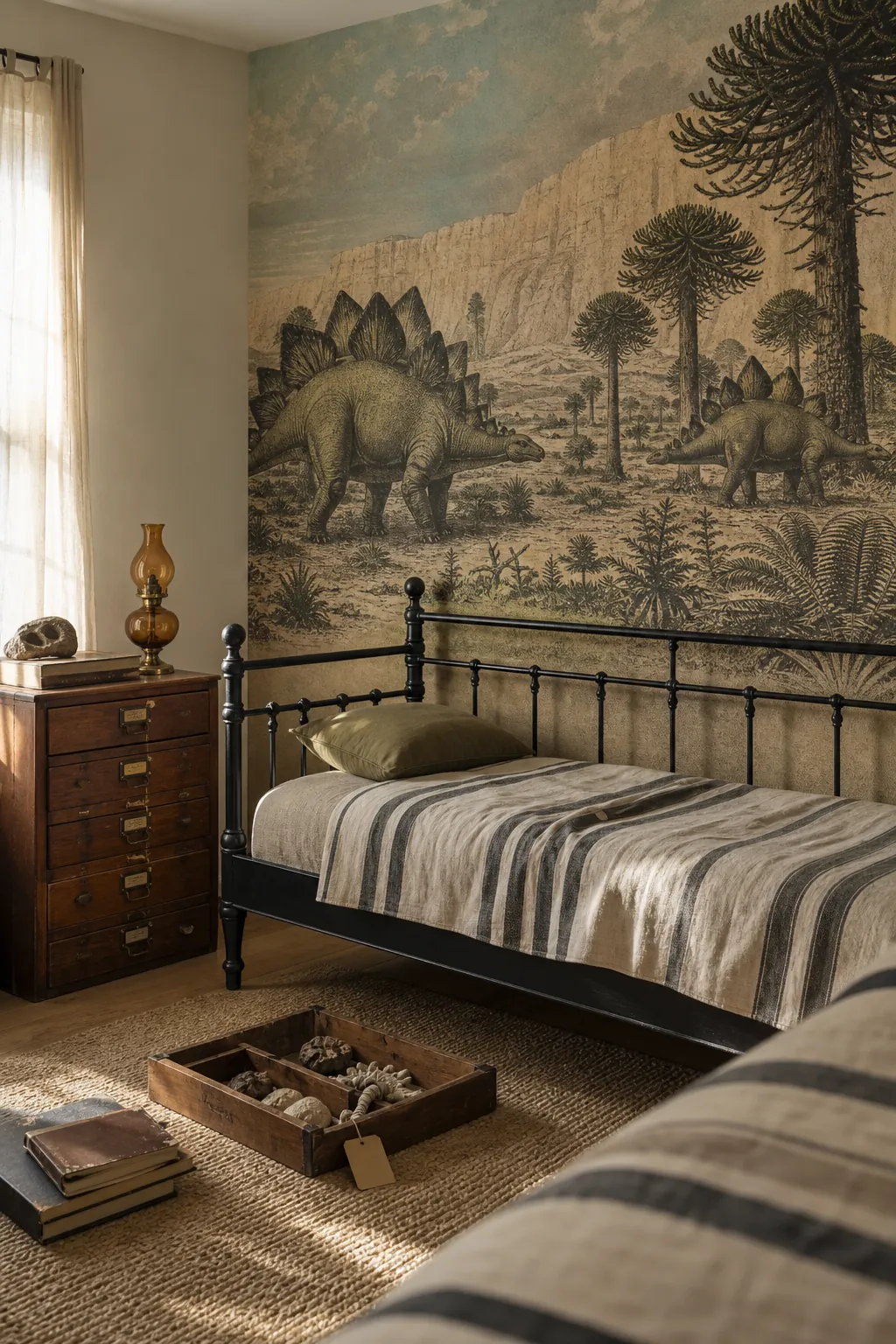 Vintage inspired prehistoric landscape mural in a growing kids bedroom