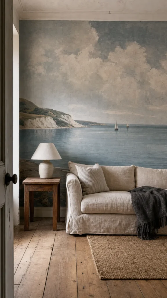Vintage seascape mural wallpaper in a timeless coastal cottage living room