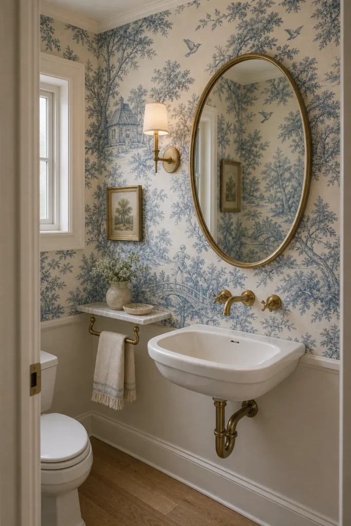 Vintage toile mural wallpaper in a charming storybook powder room