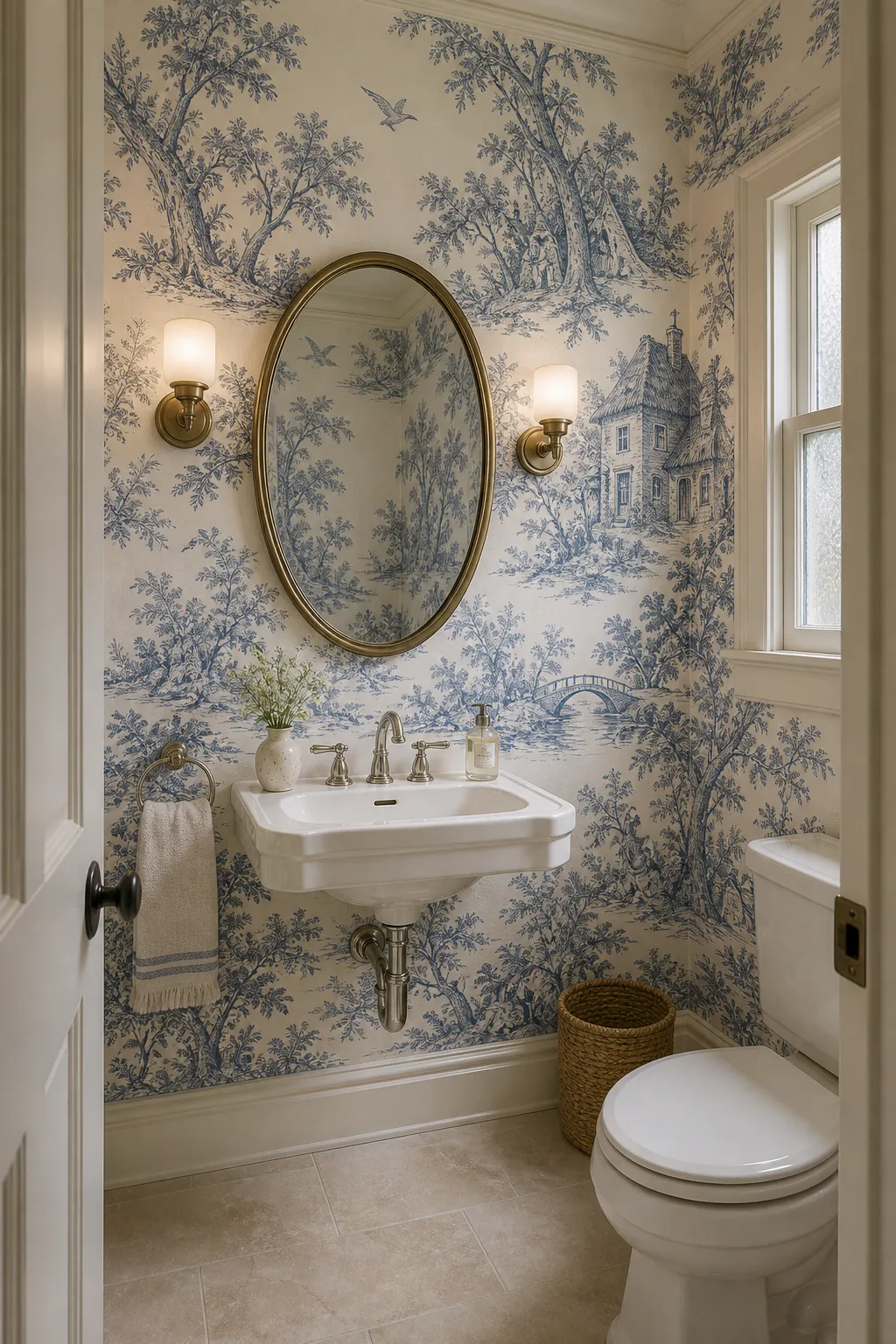 Vintage toile mural wallpaper wrapping a powder room as a charming jewel box