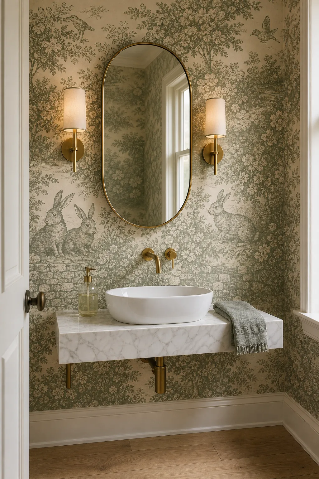 Simple vanity and oval mirror framing vintage toile wallpaper in a powder room