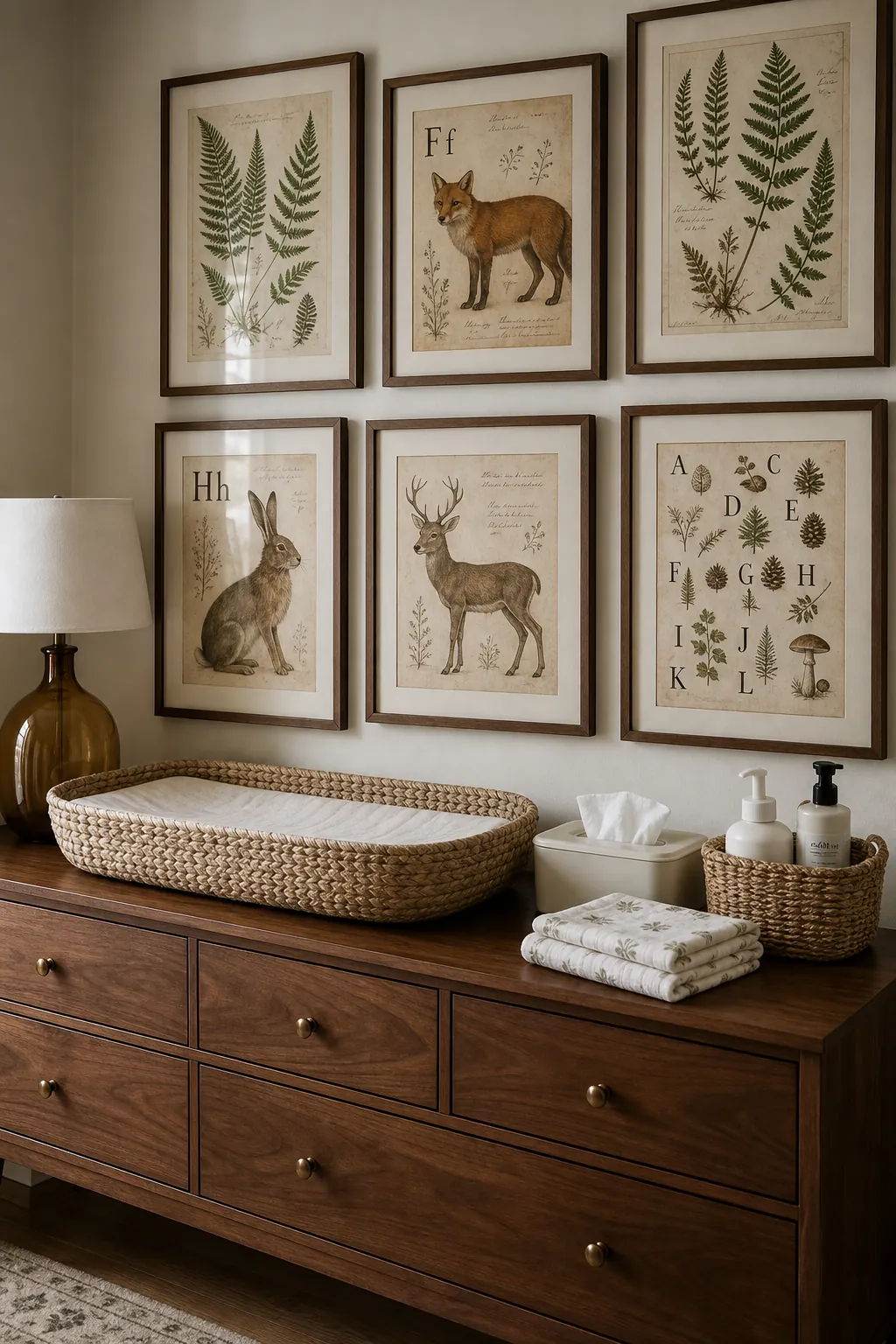 Vintage woodland nursery with botanical animal print gallery above a dresser