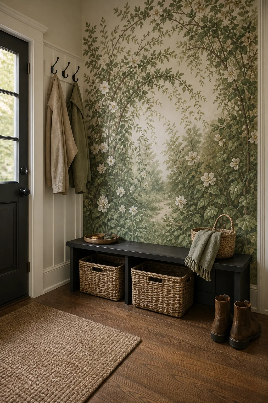 Wall mural for foyer drop zone with hooks and bench kept off the main garden design