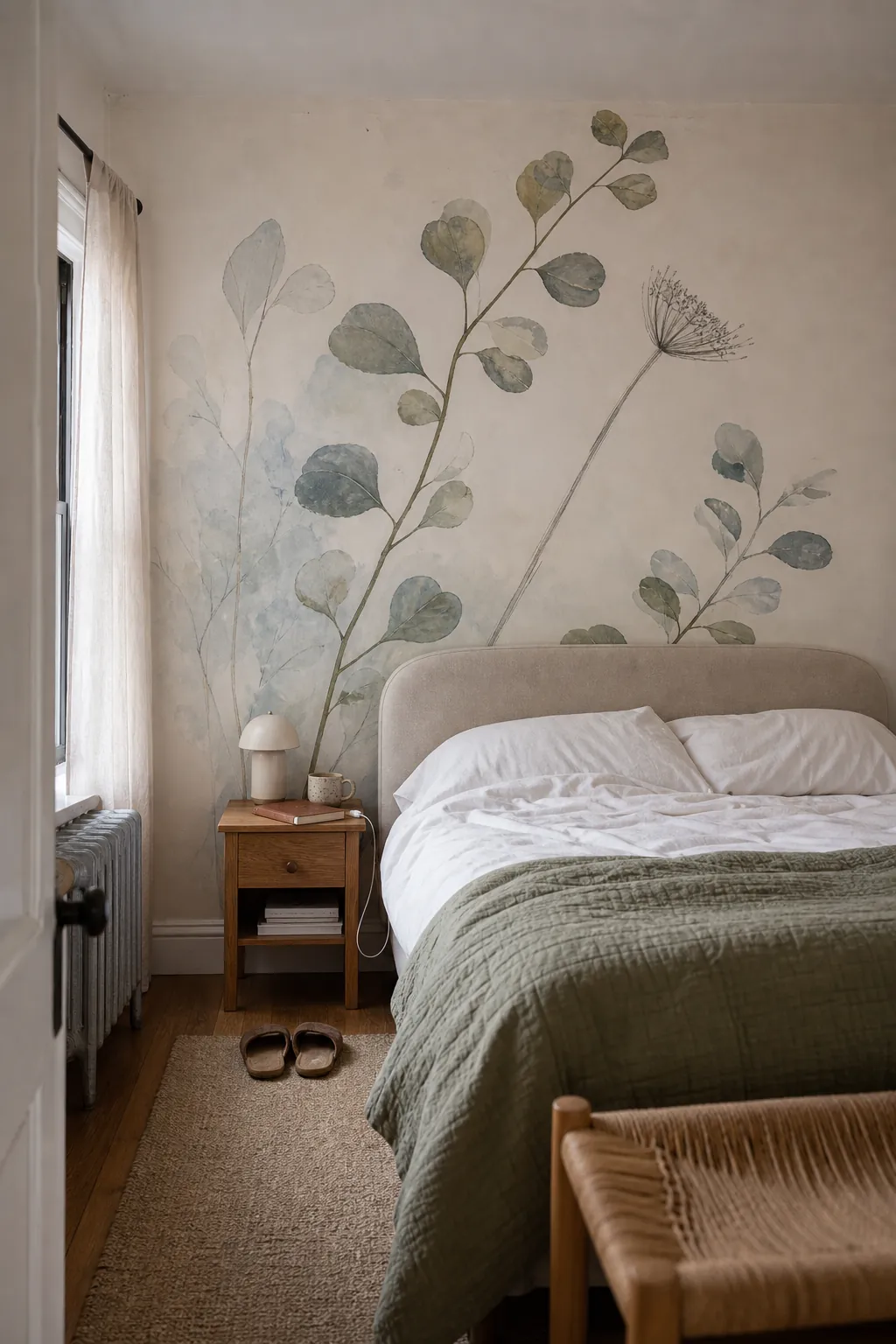 Soft botanical wall mural behind a natural linen bed