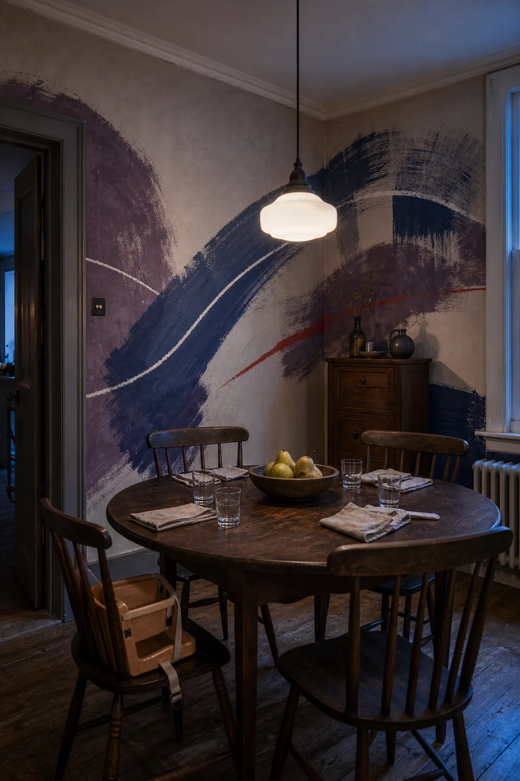 Painterly mural wrapping a corner in a contemporary dining room