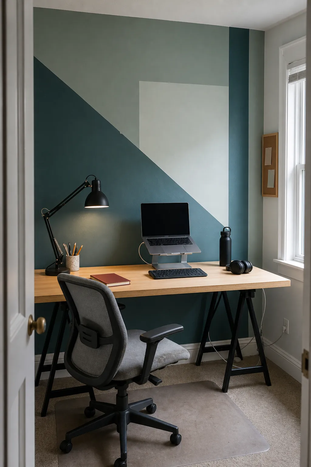 Tonal geometric mural in a functional compact home office