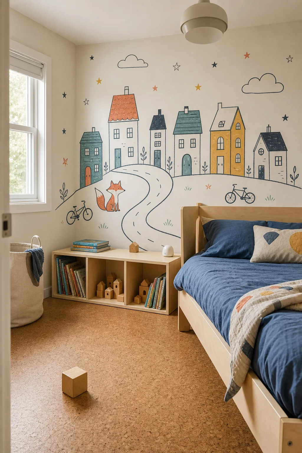 Hand-drawn neighborhood mural in a practical child's bedroom