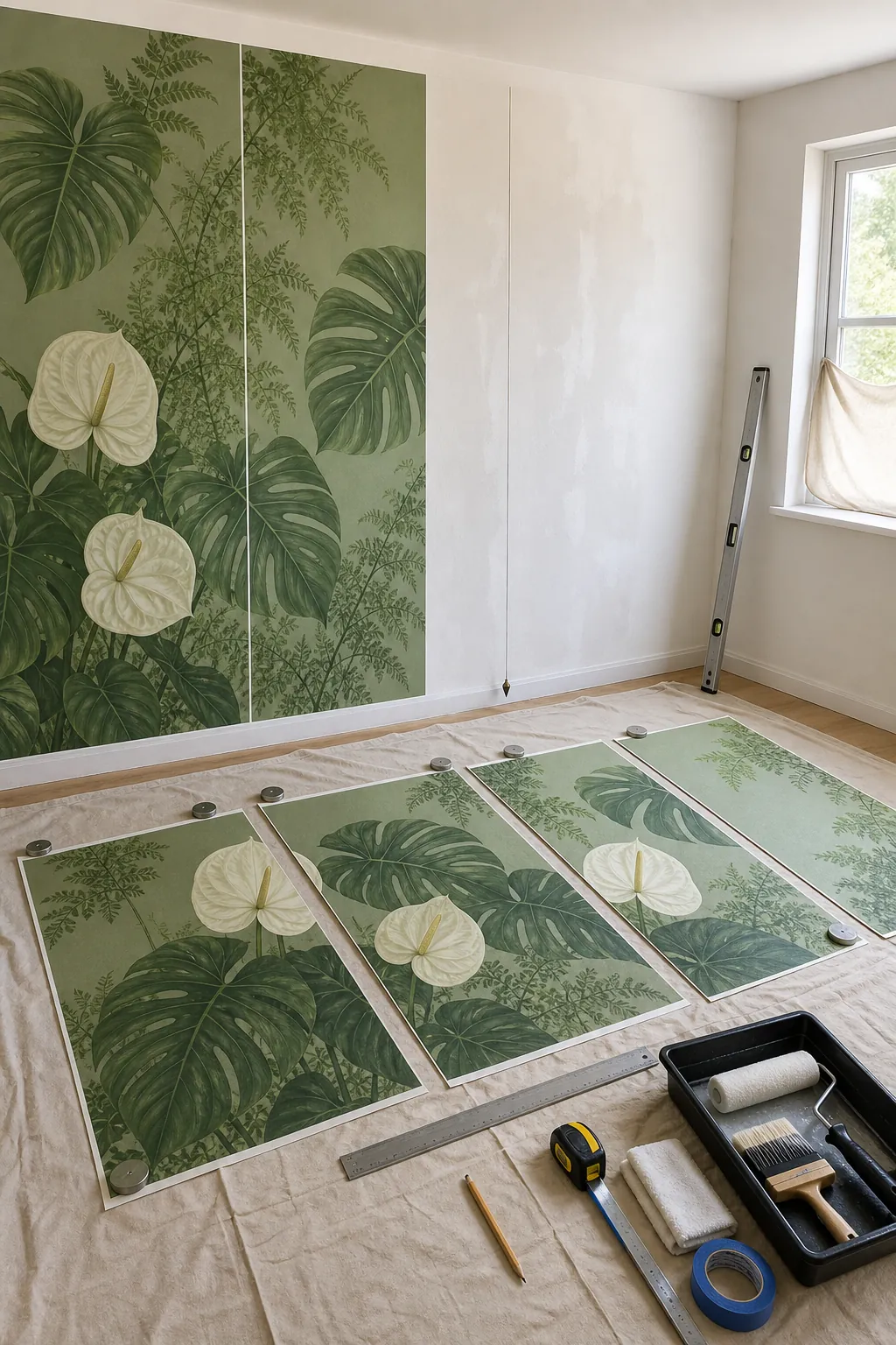 Careful wall preparation and panel layout for installing a tropical jungle wallpaper mural