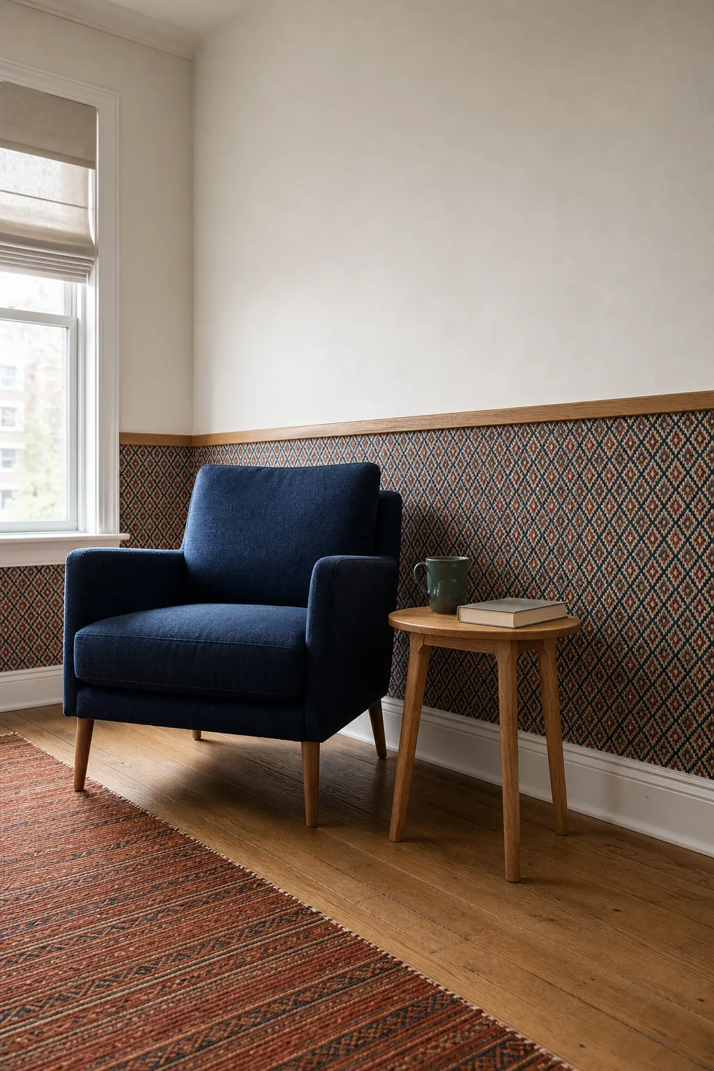 Wallpaper on bottom half of living room wall beneath warm white paint and slim timber rail