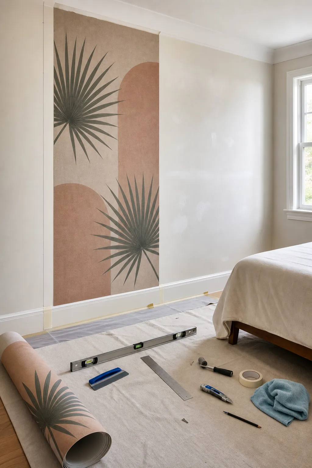 Wallpaper mural installation preparation with aligned tropical panel, level, squeegee, and clean primed wall