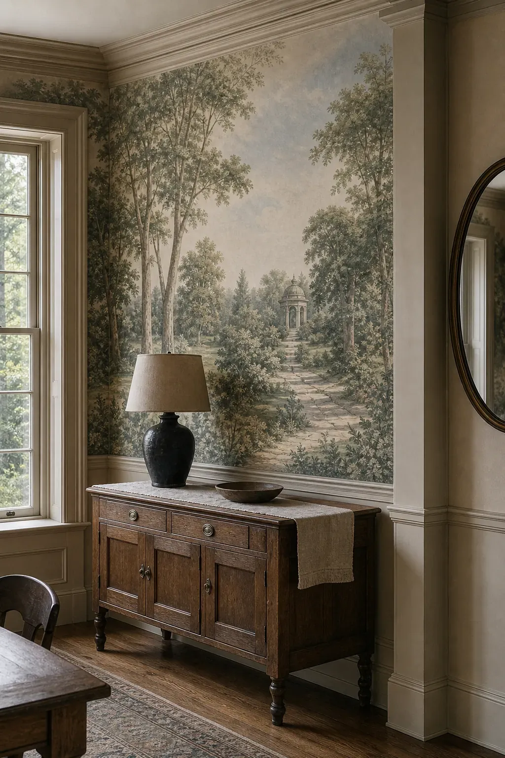 Scenic mural wallpaper with trim color pulled from the mural palette