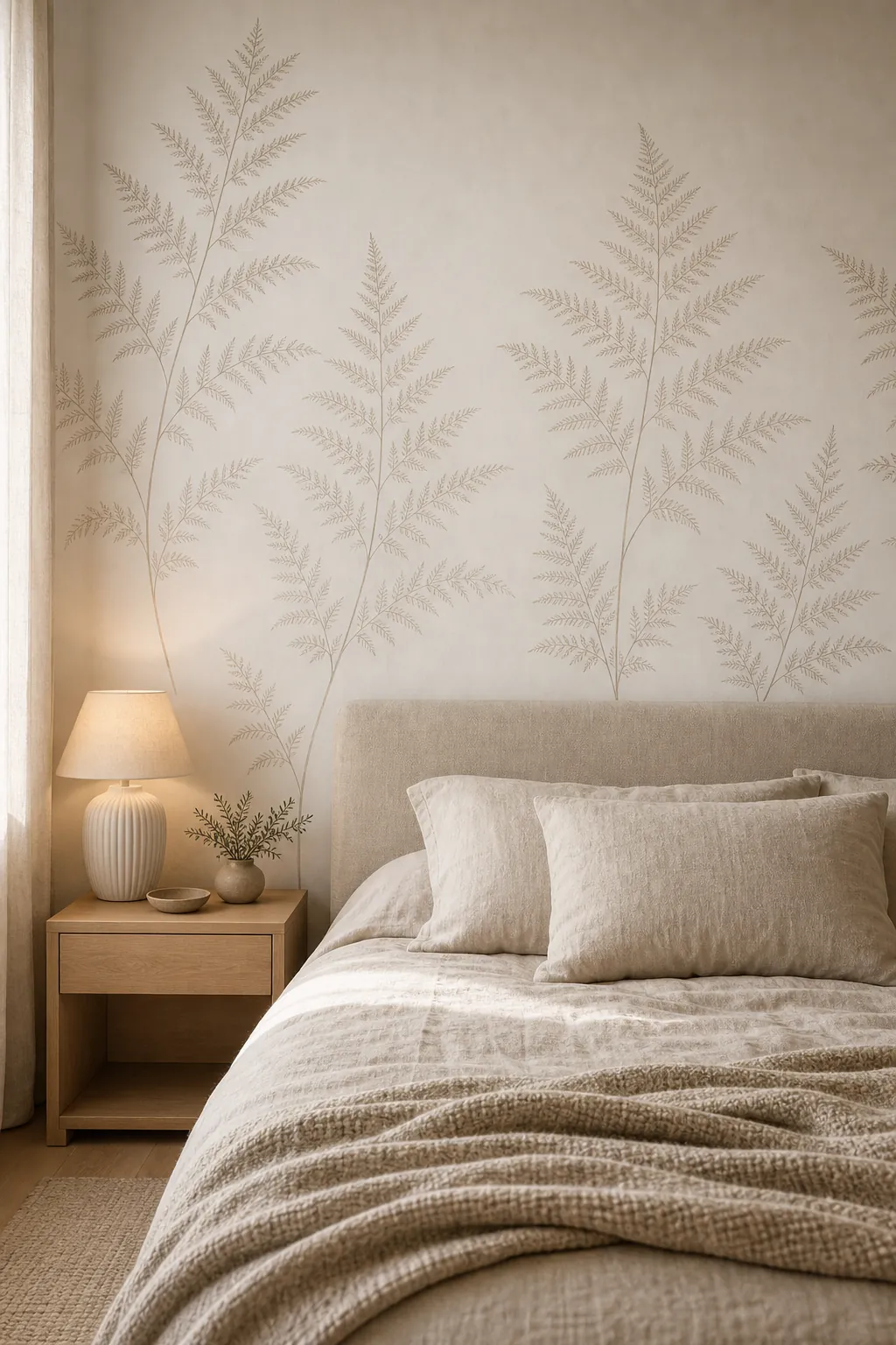 Warm minimal bedroom with botanical outline wallpaper, oatmeal bedding, and pale wood