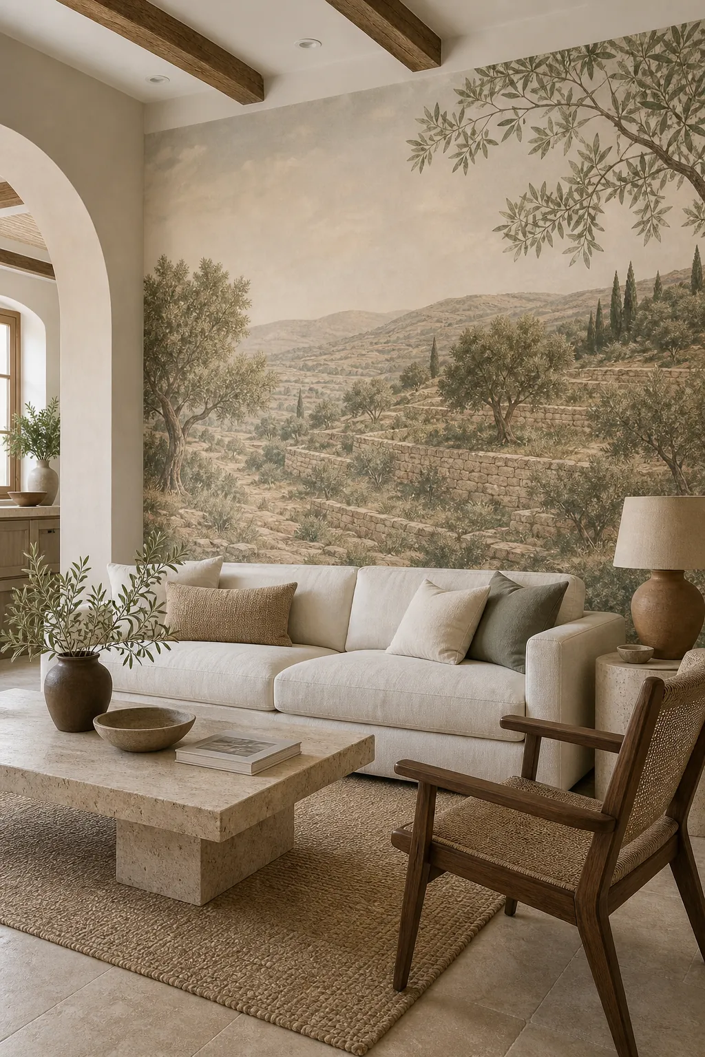 Warm neutral living room with terraced olive grove mural scaled behind a low sofa