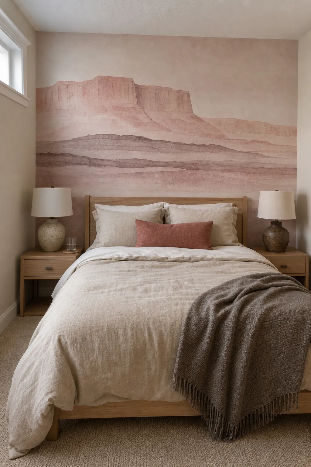 Warm neutral mural coordinated with oatmeal and clay linen bedding
