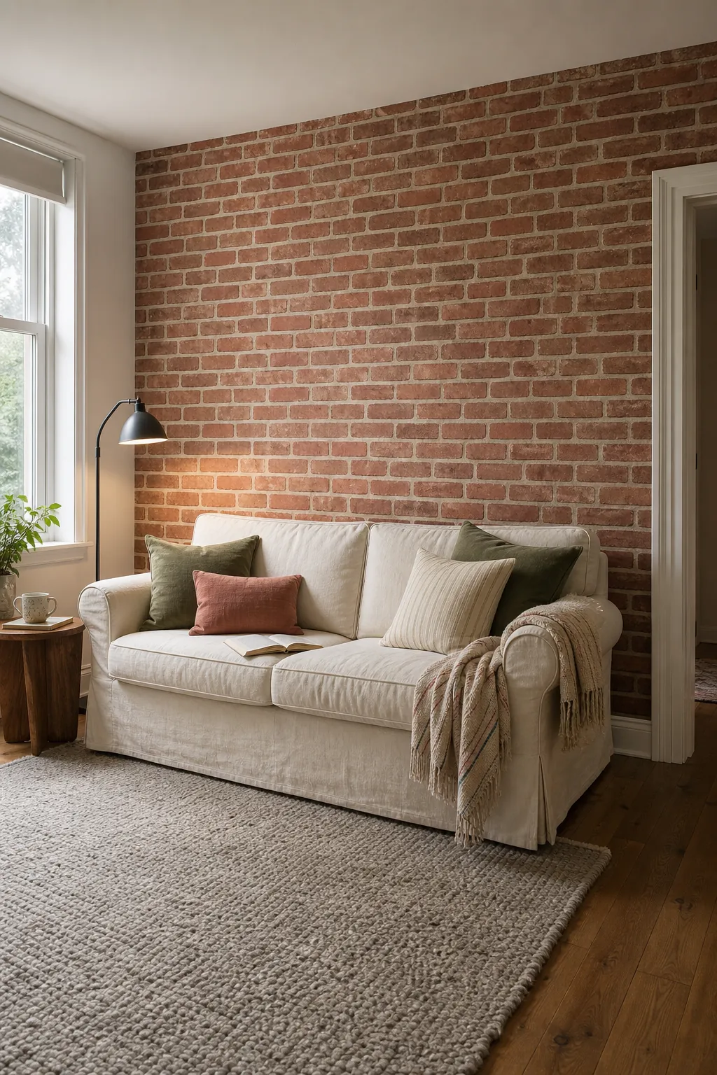 Warm red brick wallpaper behind a cream sofa in a welcoming living room