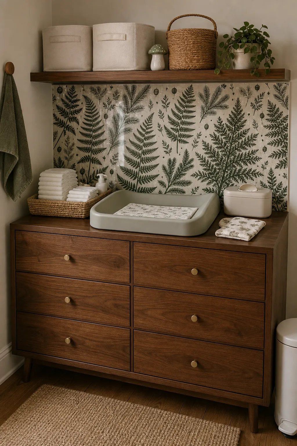 Woodland nursery changing table with washable forest peel and stick backsplash