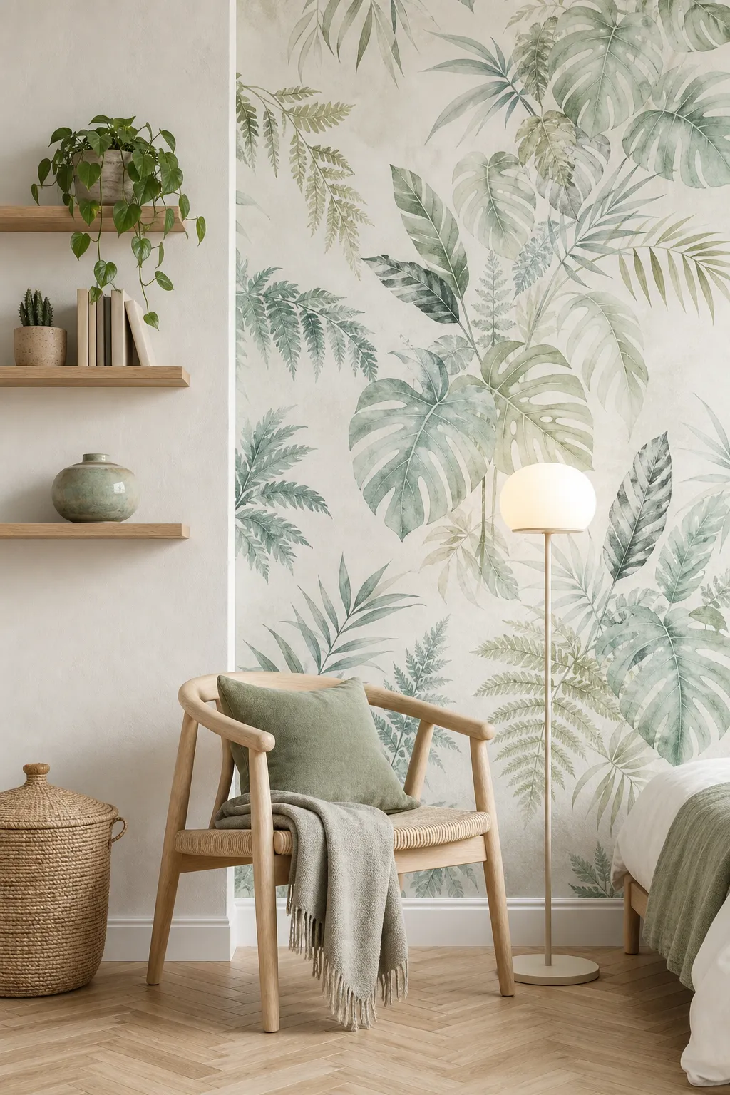 Bedroom reading nook framed by soft watercolor tropical foliage