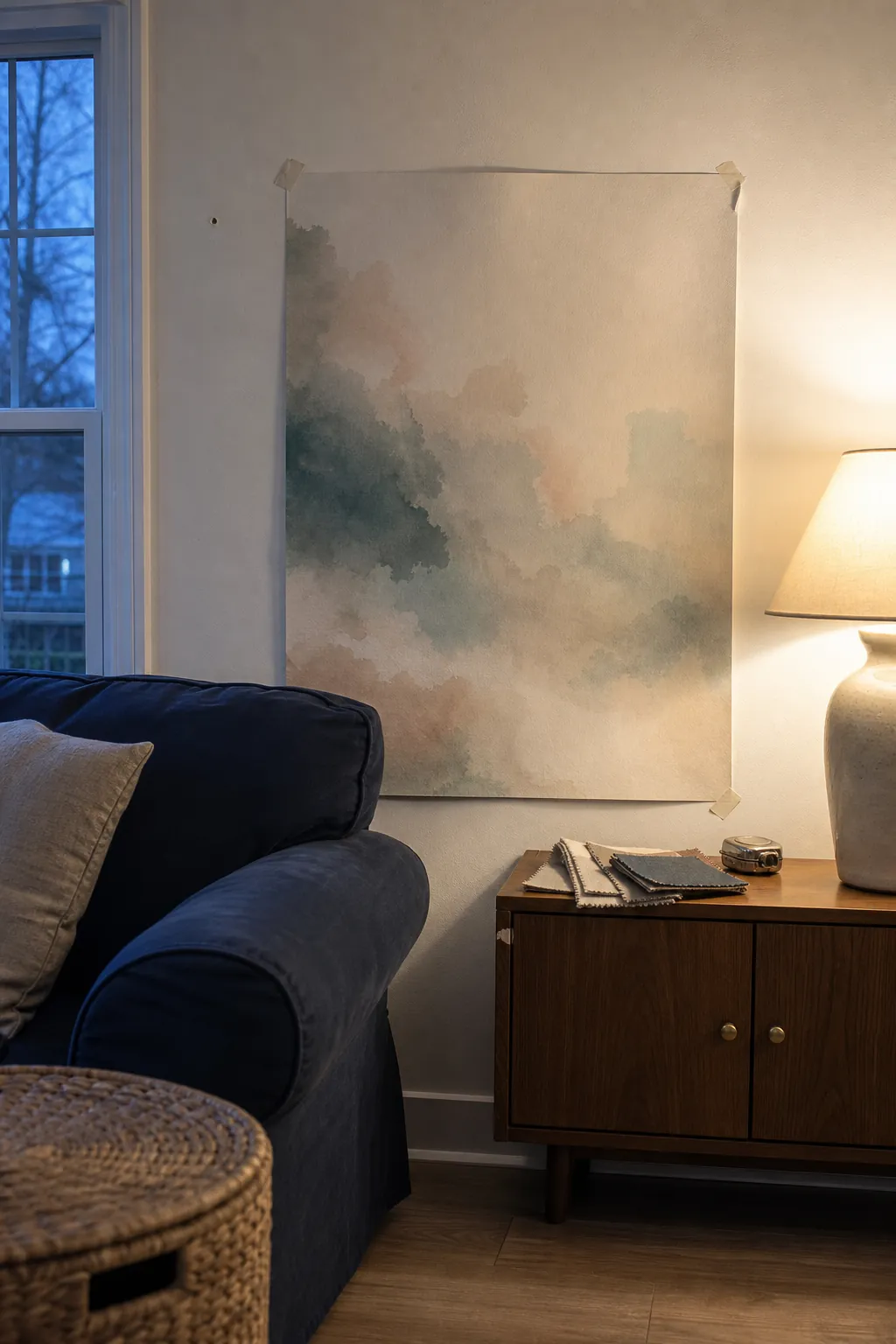 Large watercolor mural sample tested on a real wall in changing daylight before ordering
