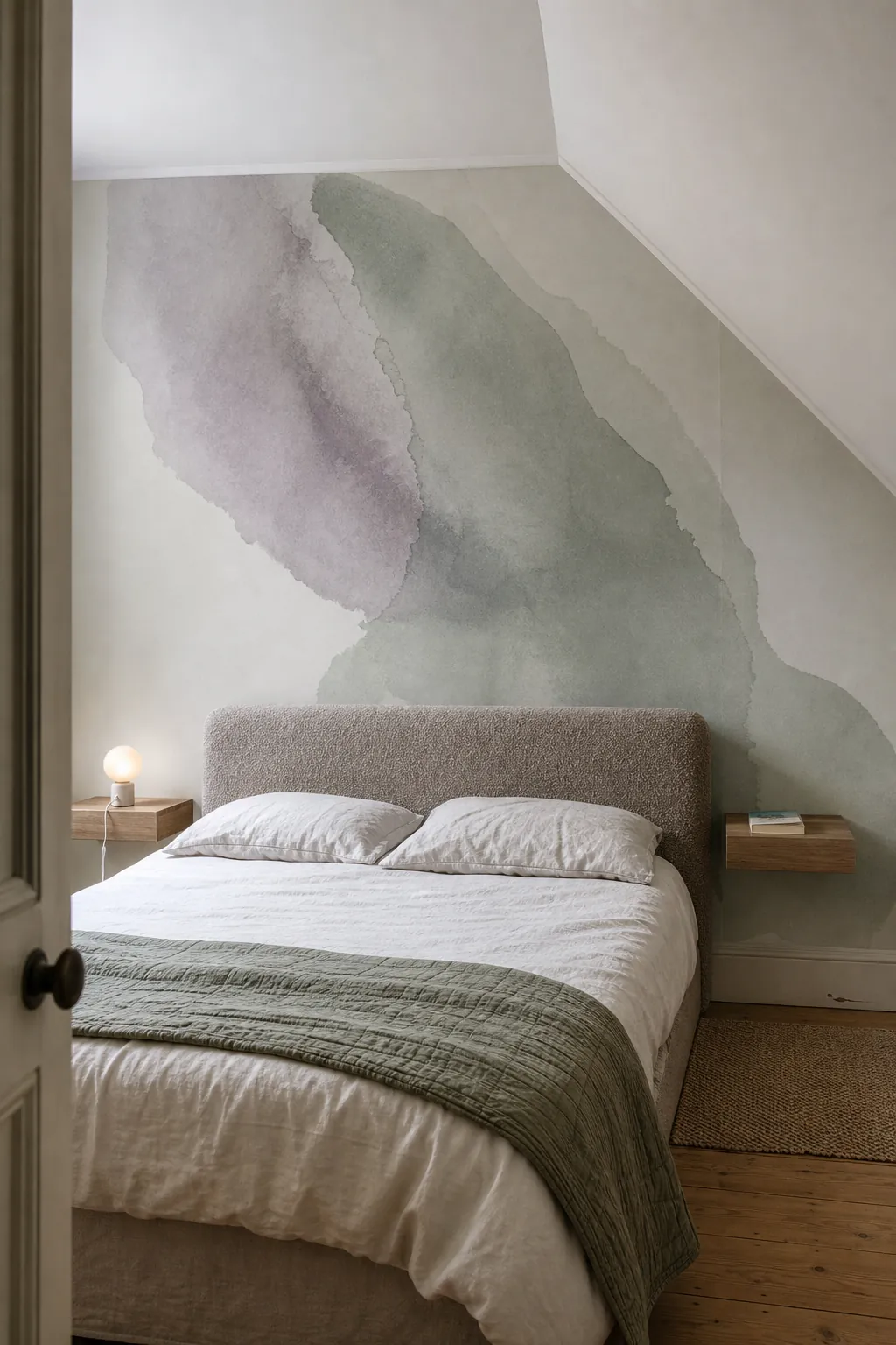 Full-scale minimal watercolor wallpaper mural correctly proportioned behind a low bedroom headboard