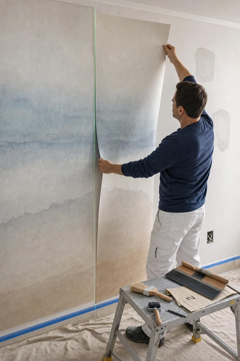 Close view of careful wall preparation and aligned watercolor mural panels during installation