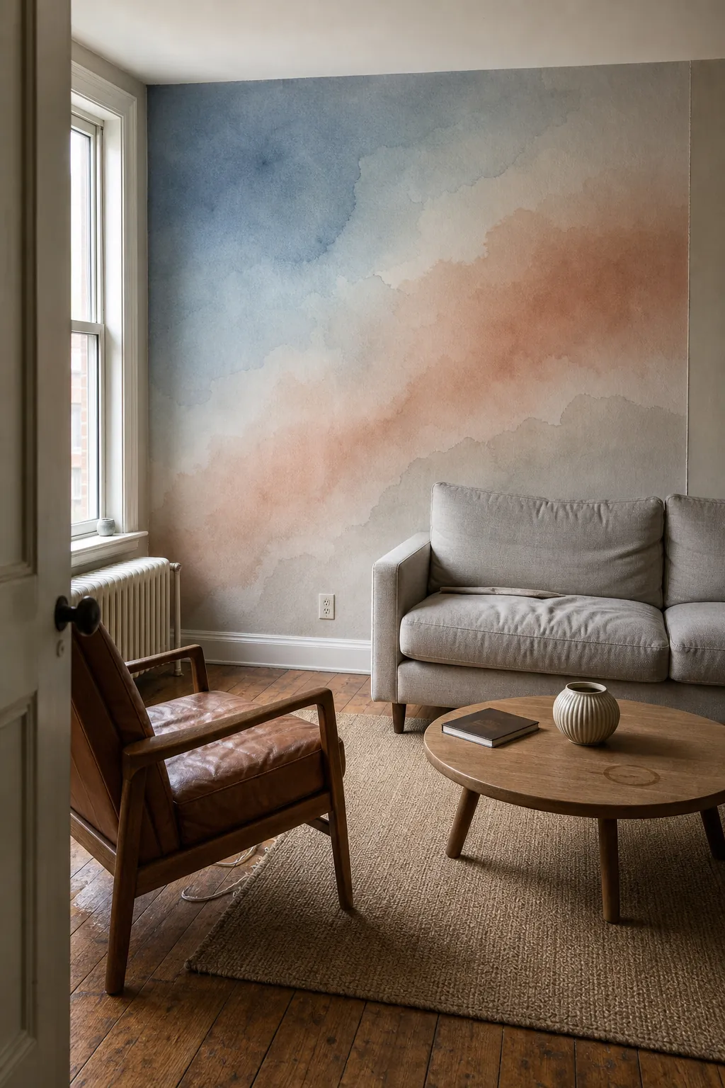 Soft blue and blush watercolor wash wall mural with long quiet color transitions in a living room