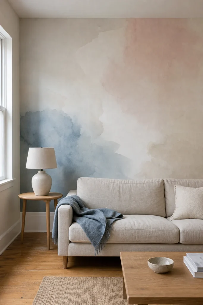 Serene watercolor wash wall mural adding subtle blue and blush color to a modern living room
