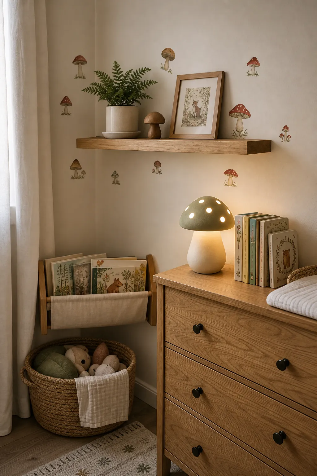 Whimsical woodland nursery shelf with mushroom decor and natural textures