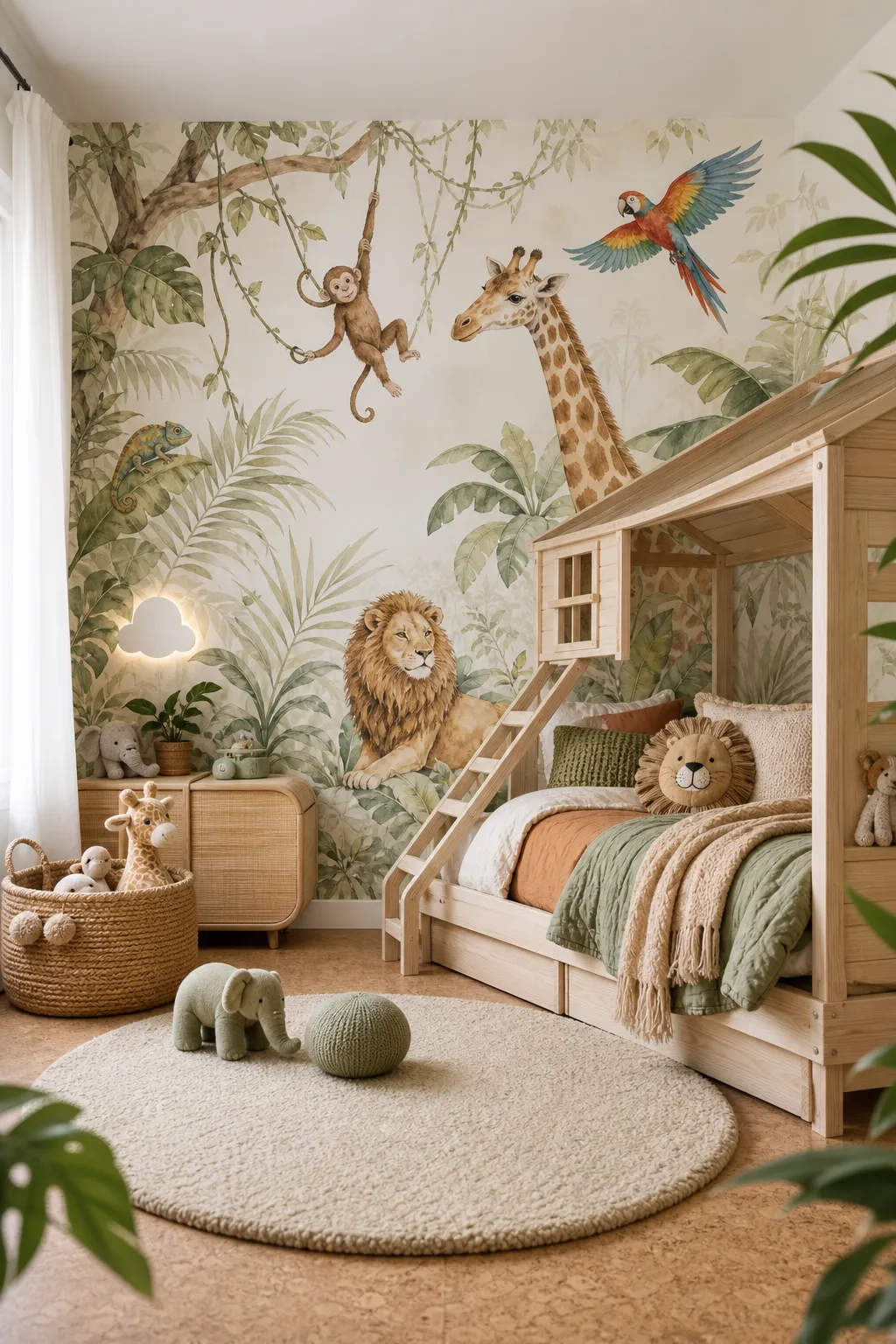 Playful bedroom with tropical foliage and safari animal wallpaper