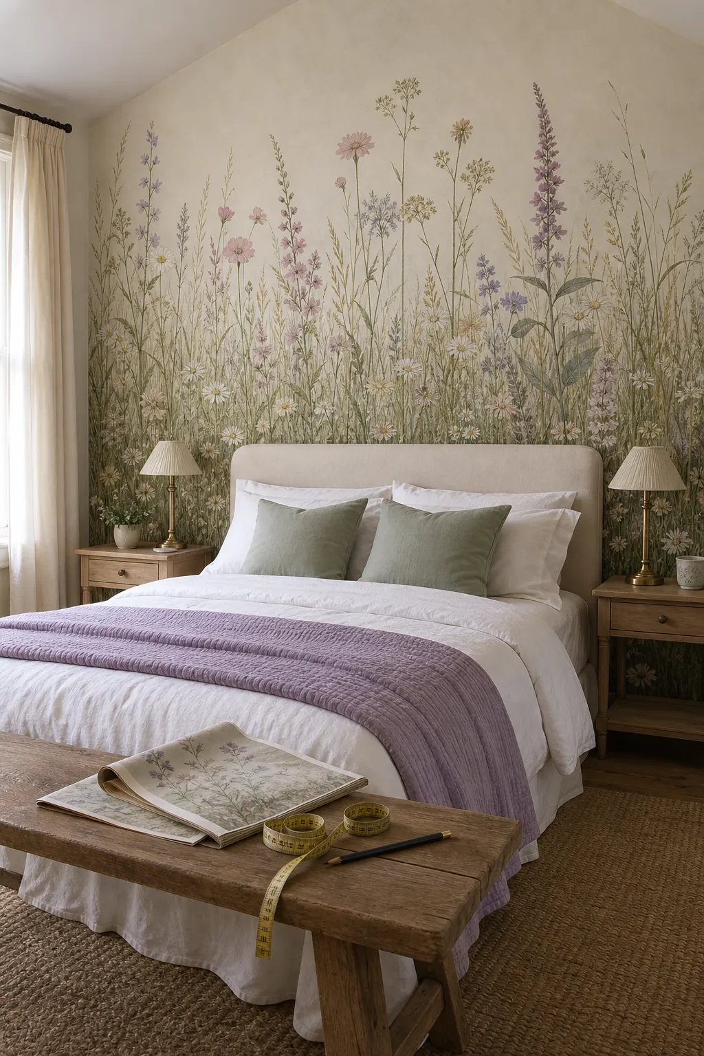 Wildflower bedroom wallpaper mural scaled above a low upholstered headboard