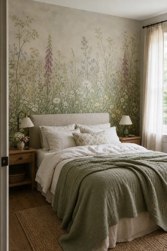 Wildflower meadow wallpaper mural creating a soft cottage style bedroom hero wall