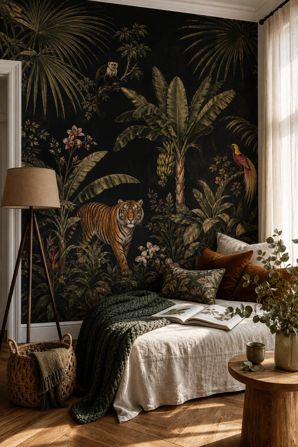 Bedroom nook decorated with colorful jungle foliage and wildlife wallpaper