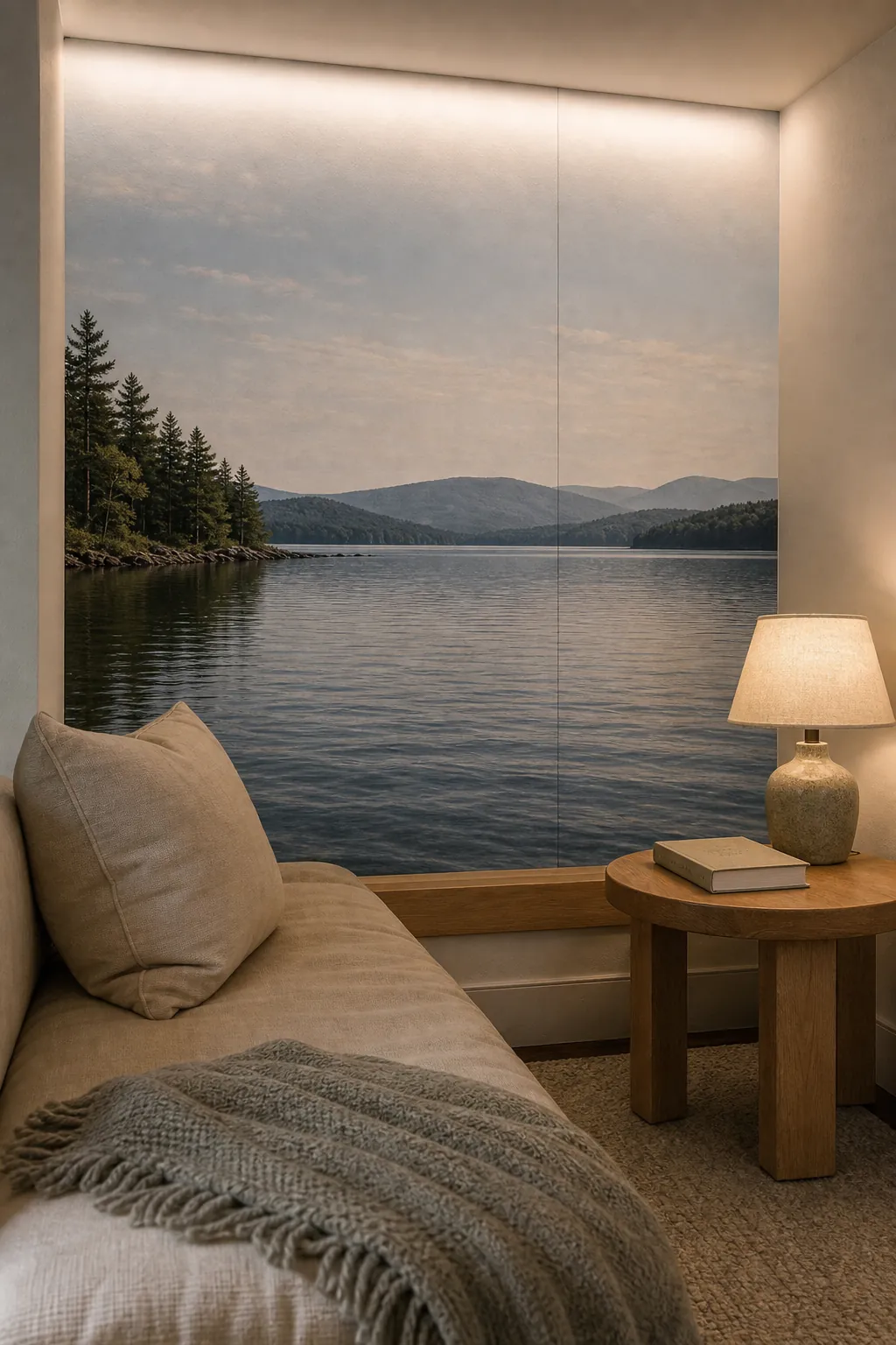 Window illusion mural with a lake horizon checked from a seated reading nook