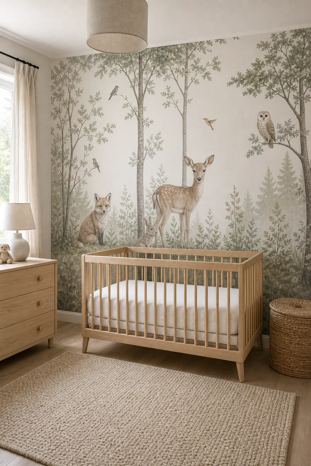 Woodland animal mural wallpaper behind a safe light oak crib in a calm gender neutral nursery.