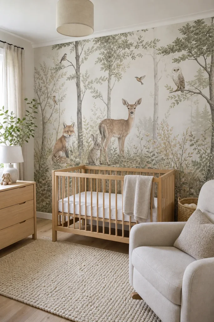Gender neutral nursery with woodland animal mural wallpaper, oak crib, sage trees, and soft forest animals.