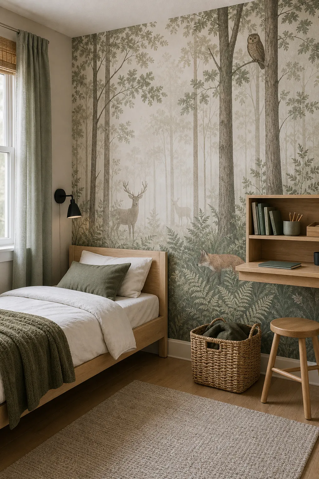 Older child bedroom with a calm forest animal wallpaper mural that still works beyond the nursery years.