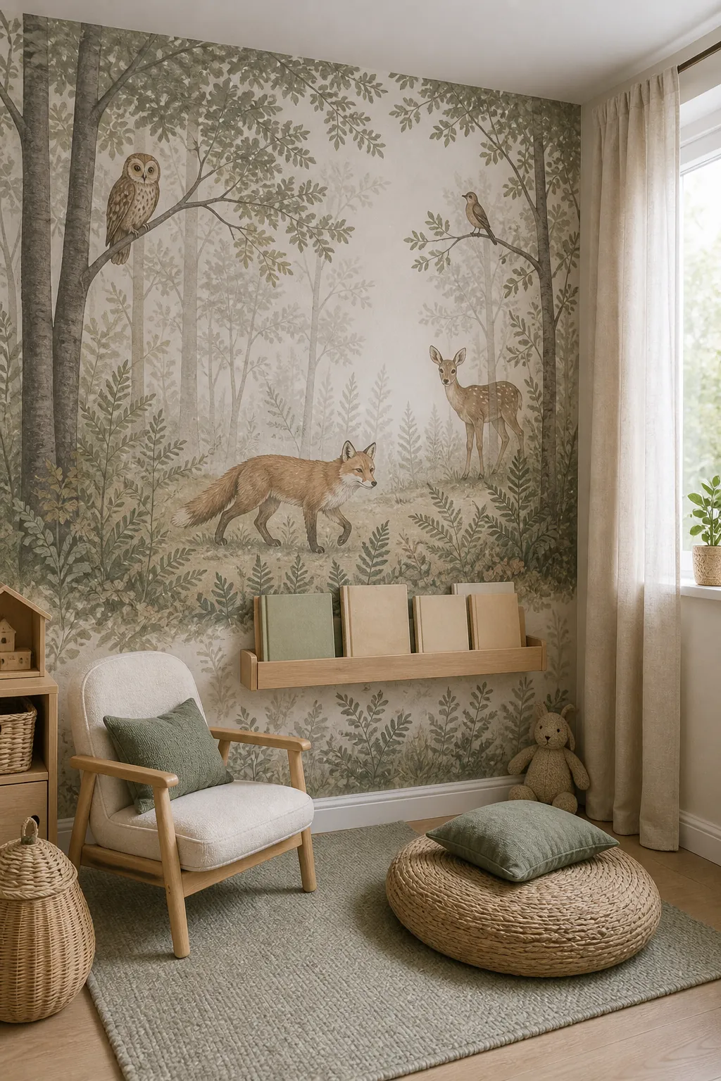Woodland animal mural wallpaper used behind a toddler reading corner with sage trees and soft forest animals.