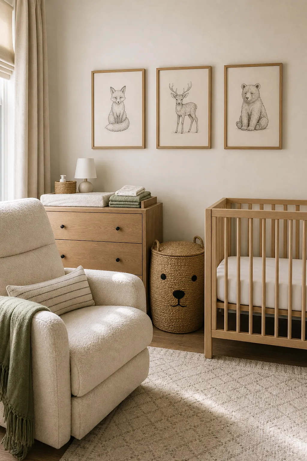 Subtle woodland animals nursery with fox deer and bear accents