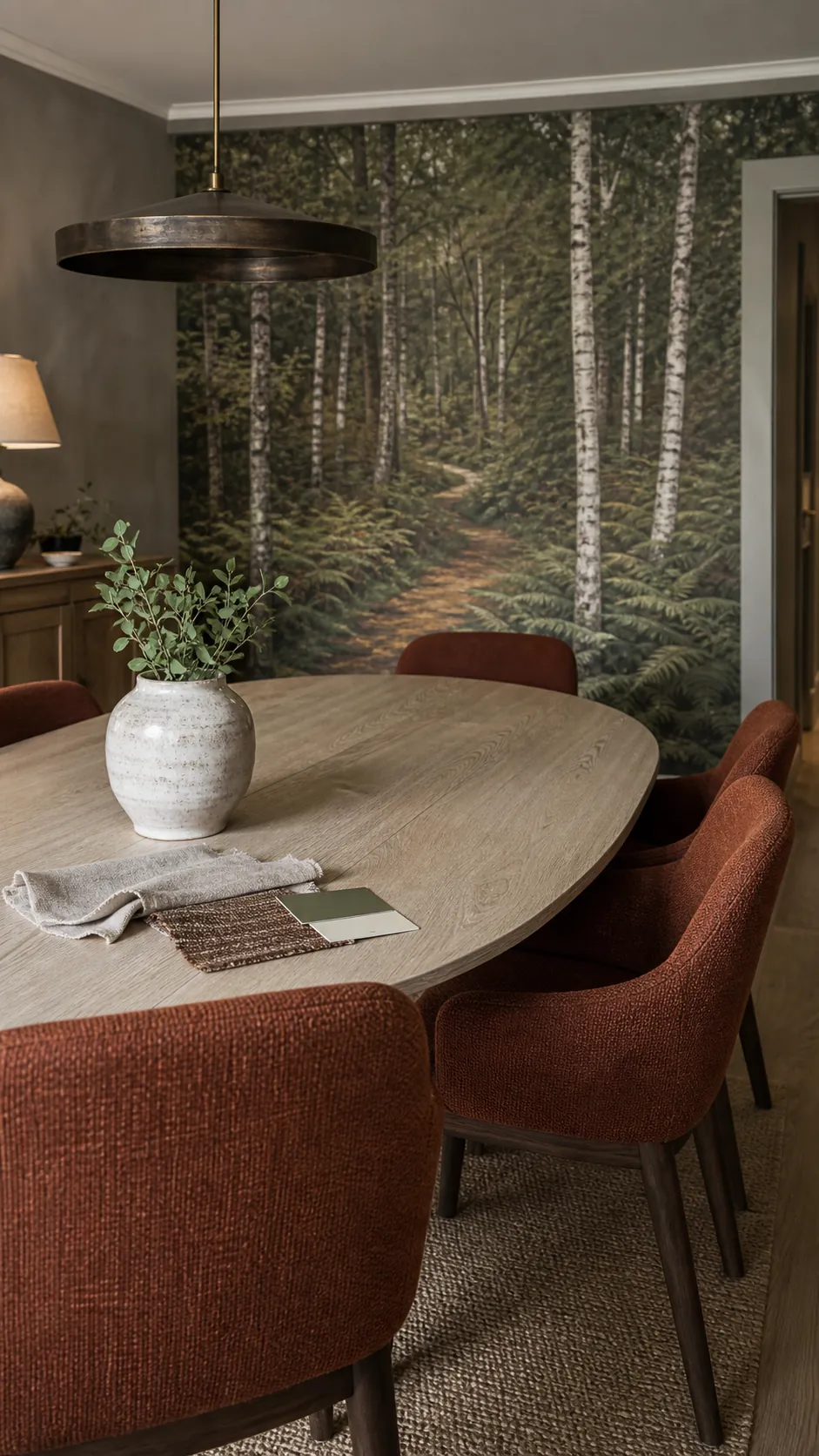 Earth-tone dining furniture coordinated with a woodland landscape mural
