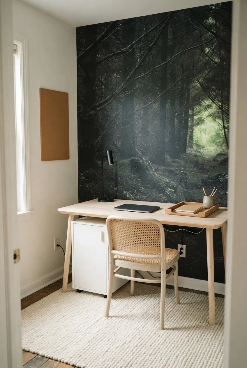 Woodland mural styling in a home office with quiet pattern and light furniture
