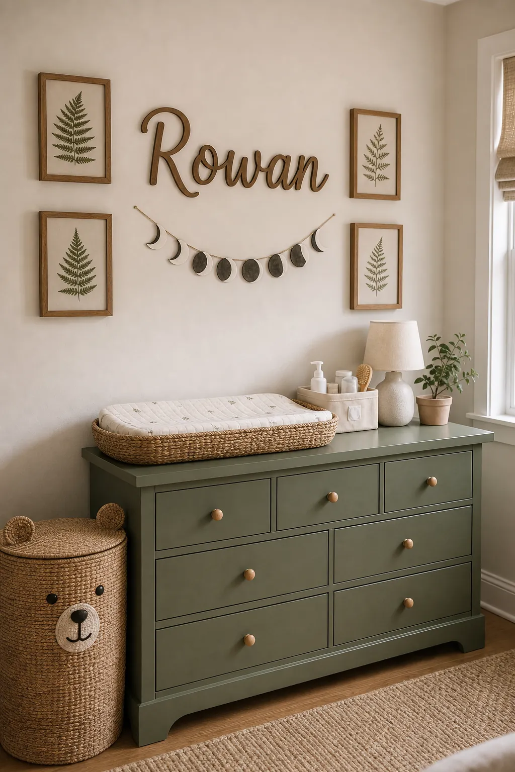 Woodland nursery name sign above dresser with anchored decor and forest colors