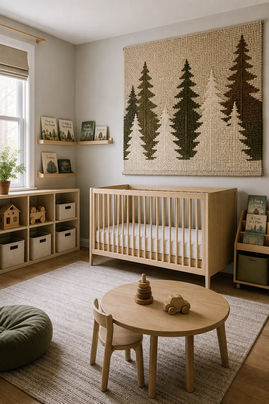 Woodland toddler room and nursery hybrid with convertible crib and flexible forest decor