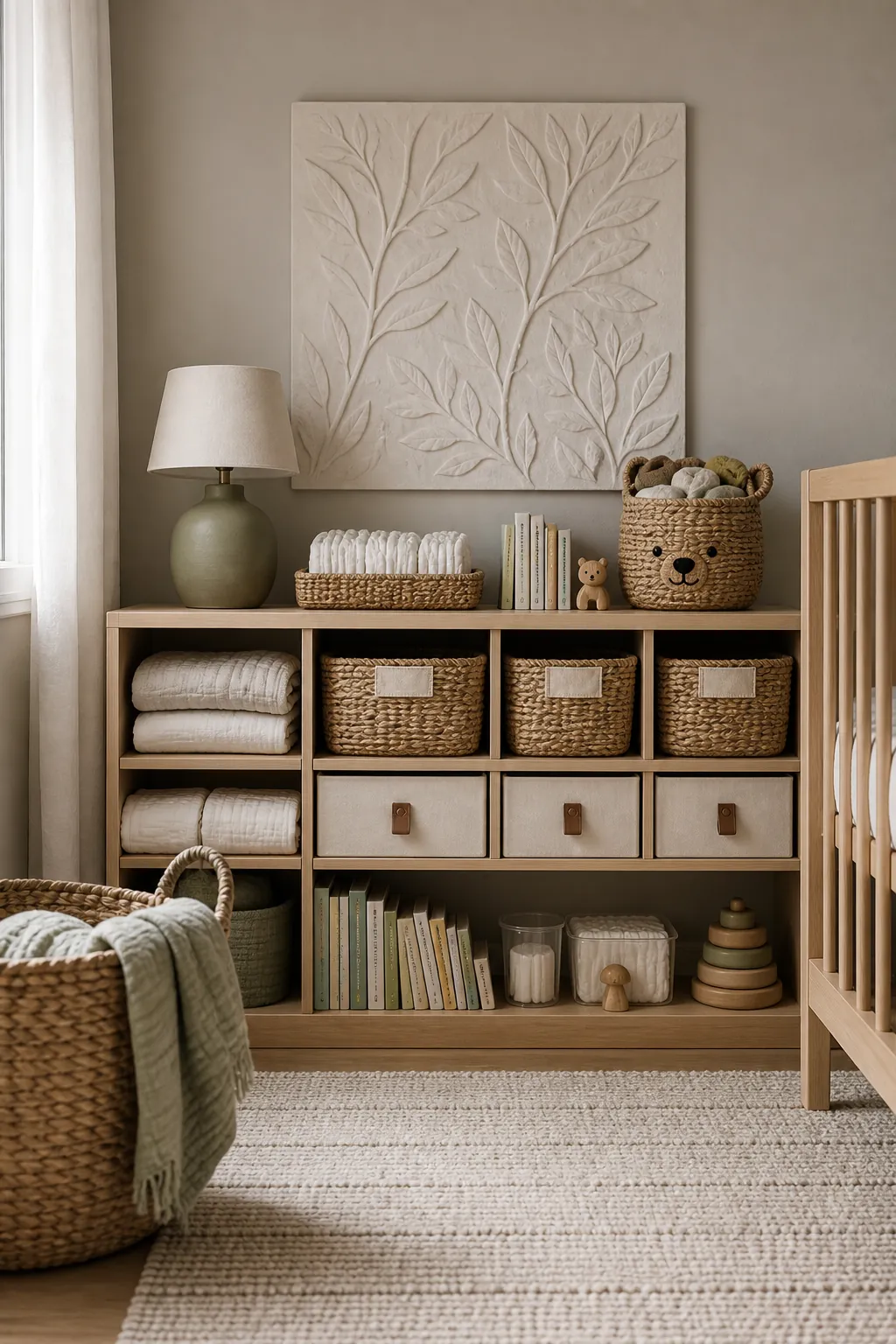 Woodland nursery storage with woven bins books and animal baskets
