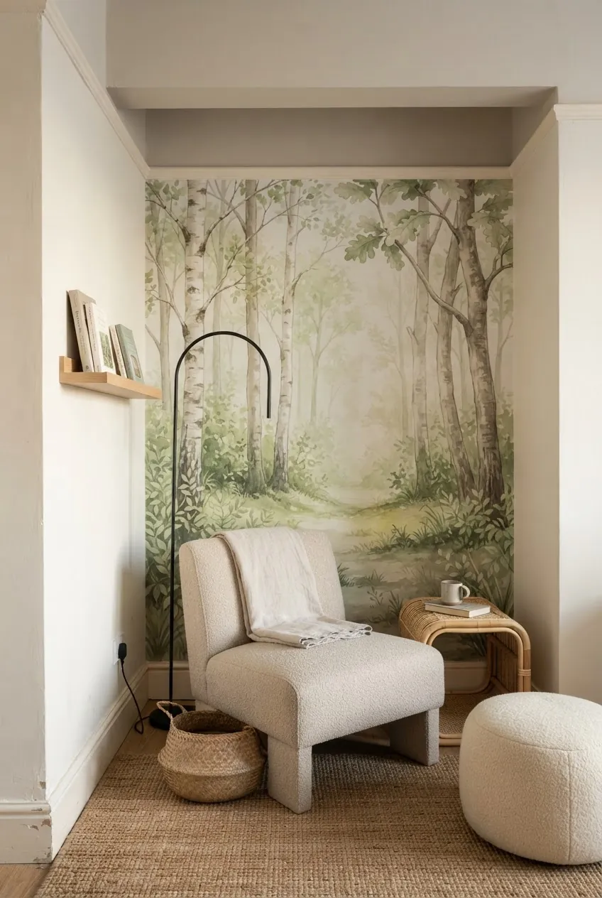 Woodland wallpaper mural with light furniture in a compact reading nook