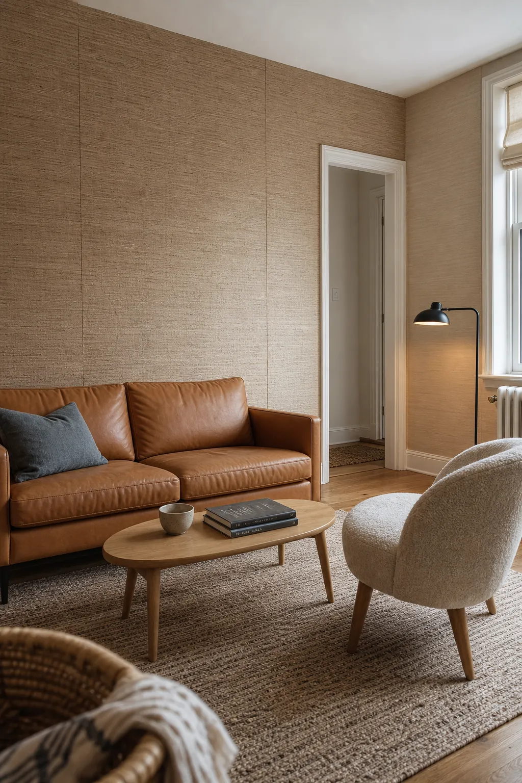 Modern living room with warm woven grasscloth wallpaper and natural oak furniture
