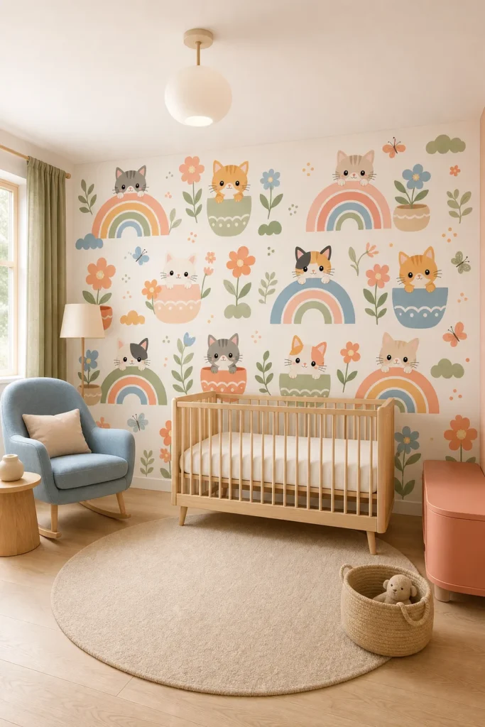 Airy Scandinavian nursery showcasing a simple rainbow kitten wallpaper mural behind a pale-oak crib, with a dusty-blue chair and soft morning light.