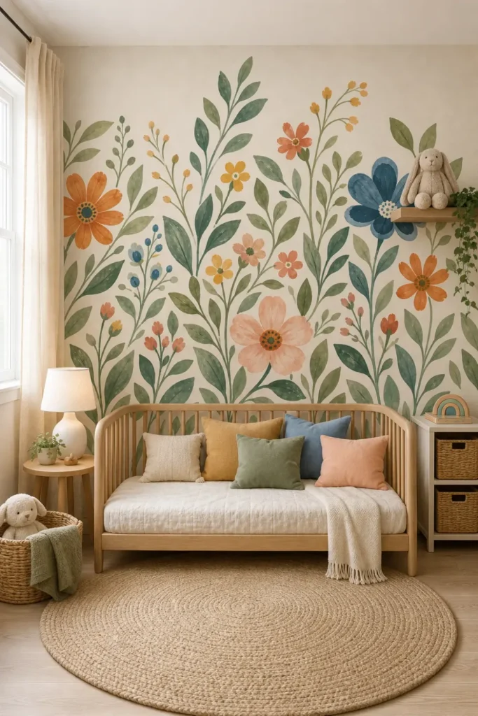 A Scandi-boho nursery featuring a folk floral garden border mural on the main accent wall behind a toddler daybed.