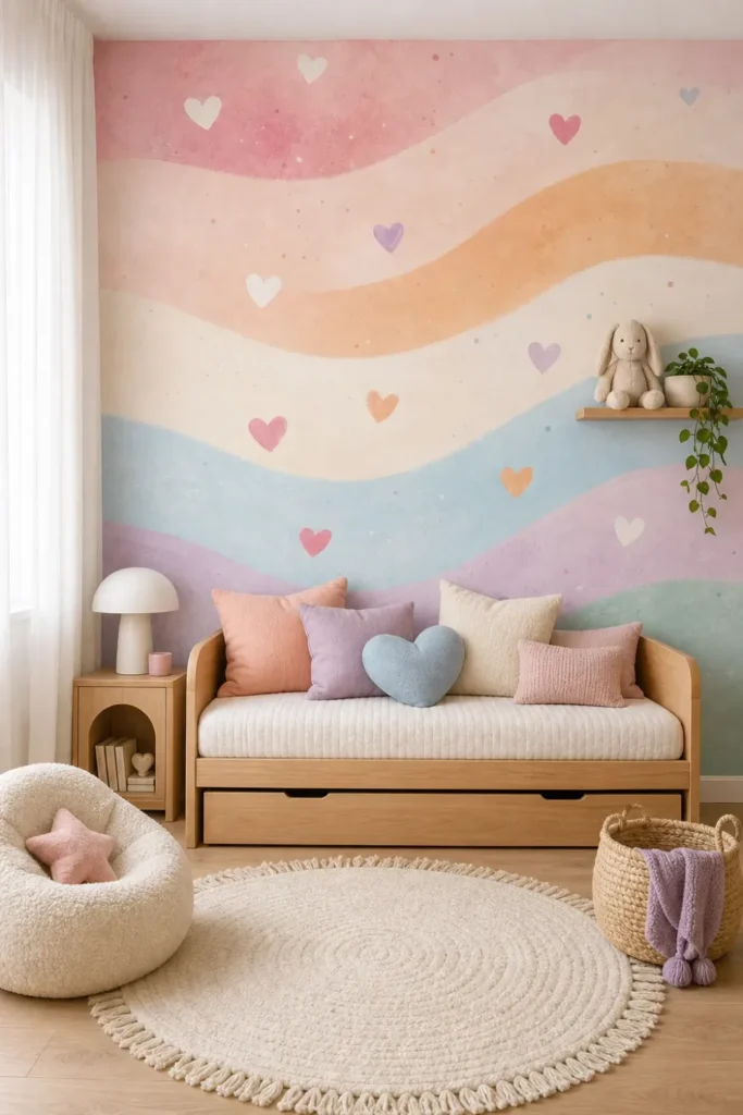 A soft Scandinavian kids room featuring a whimsical pastel rainbow heart wave mural on the main feature wall behind a wooden daybed.