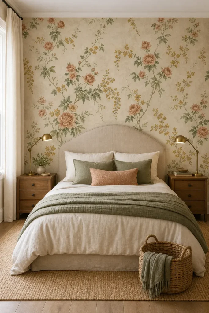 A warm minimalist bedroom featuring a vintage climbing rose wallpaper mural on the main bed wall behind an arched linen headboard.