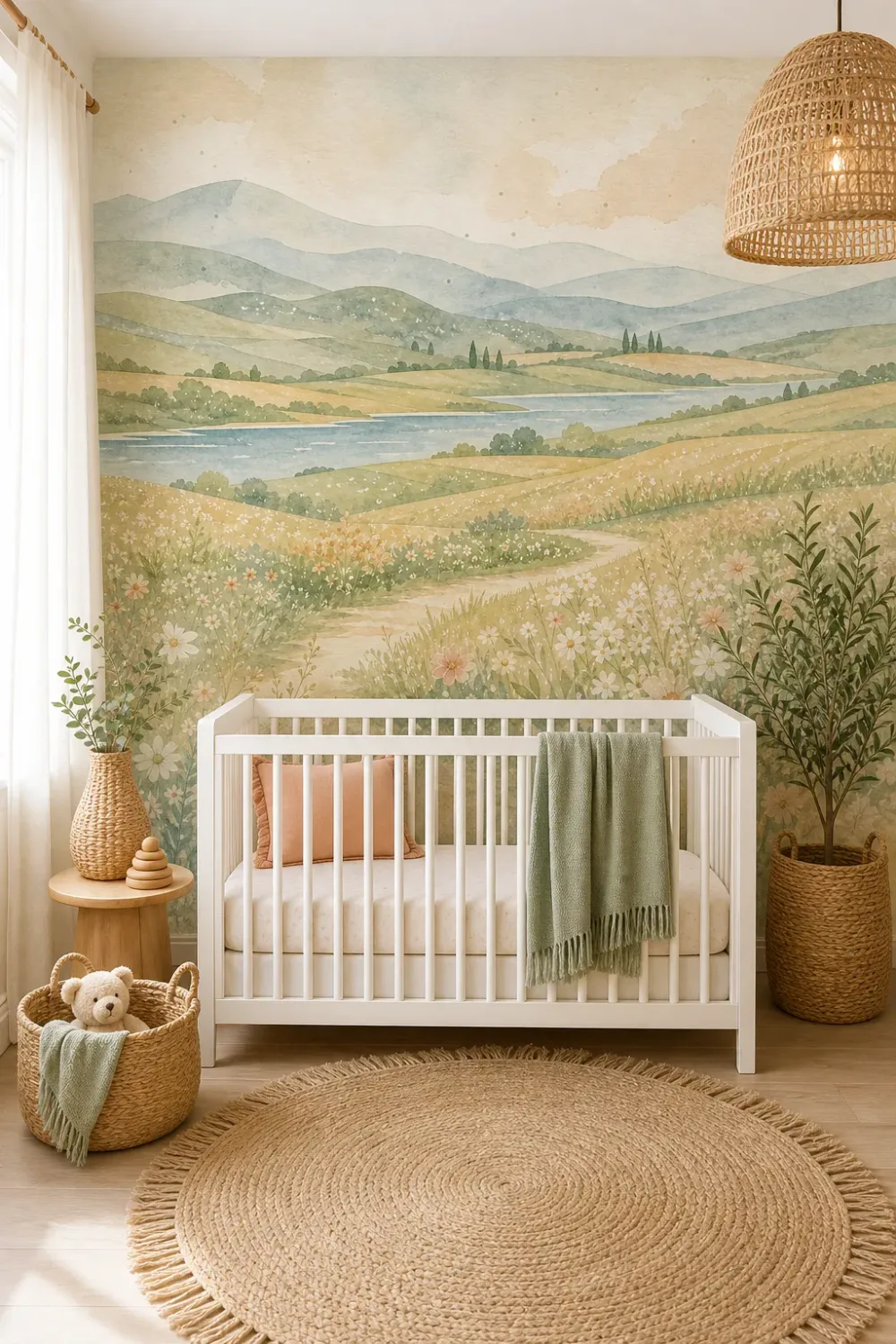 A serene bohemian nursery featuring a watercolor rolling hills wildflower mural on the main wall behind a white crib.